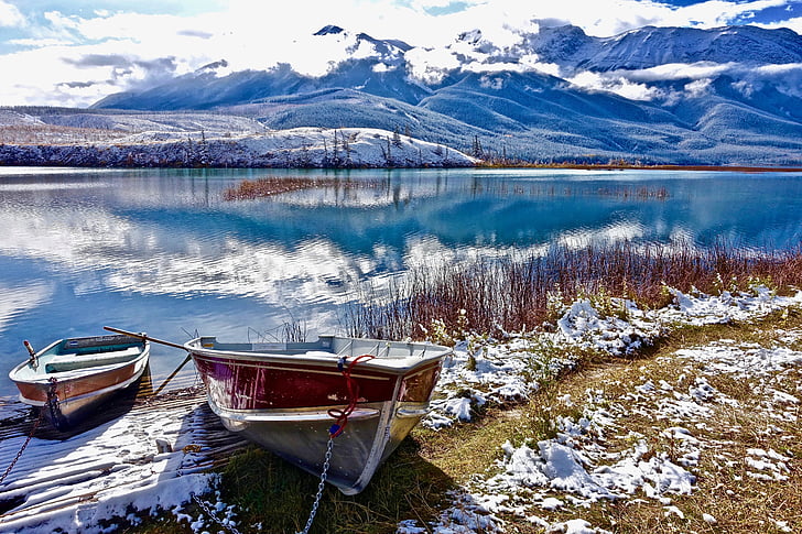 lake, wilderness, boats, reflection, mountains, snow, nature