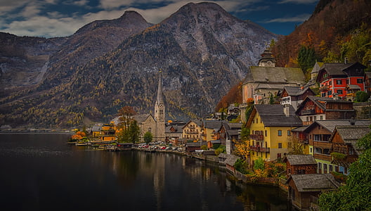 Халщат, Австрия, езеро, планински, отражение, архитектура, изграждане на екстериора