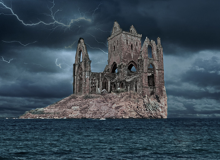 assembly, night, storm, island, rock, fortress, ruins