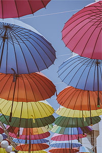 válogatott, esernyő, vezetékek, napernyők, színek, színek, szivárvány