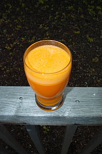 carrot juice, glass, cup, outside, deck, wood, health