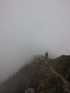 trail, way, path, hiker, fog, mist, mountains