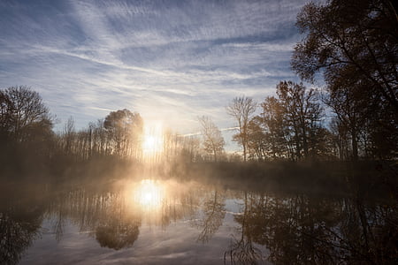 湖, 日の出, 気分, morgenstimmung, 自然, 霧, 朝