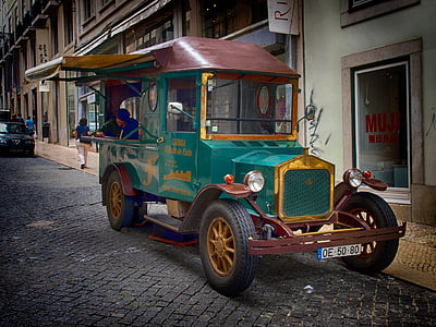 Portugália, teherautó, jármű, szállítás, utca, épületek, öregember