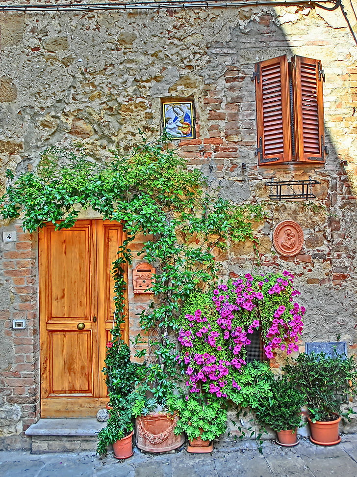 døren, idyl, syd, foran døren, blomster, hus facade, bygning