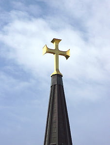 gold, cross, steeple, sky, clouds, church, faith
