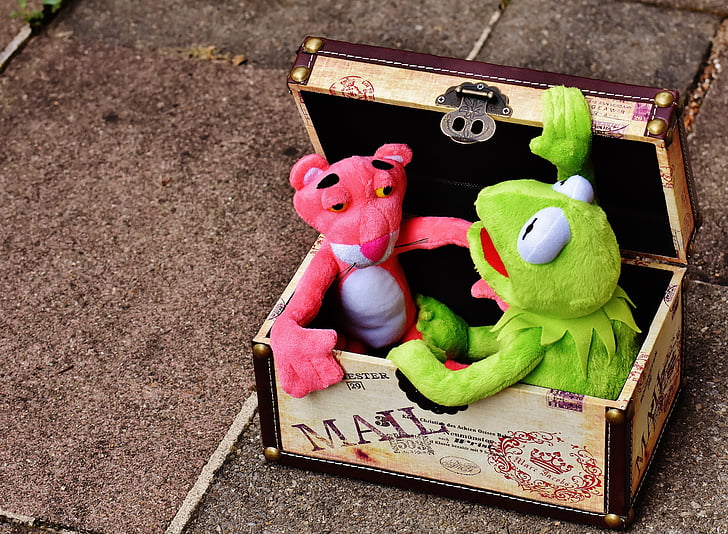 Jucarii de plus, Kermit, pantera roz, Jucarii, cutie, piept, valiza distractiv