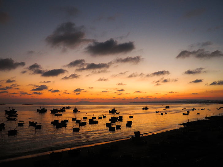 solnedgång, havet, fiskare, båtar, kvällen, landskap, båt