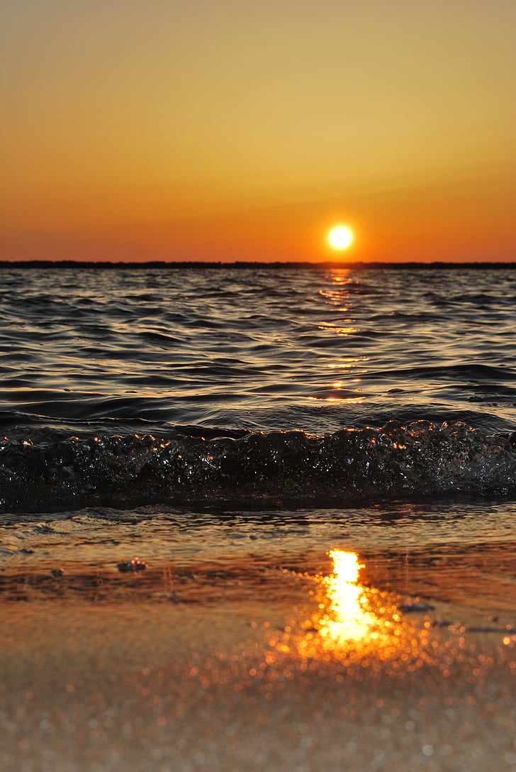 solnedgang, Horizon, stranden, hav, sjøen, solen, vann