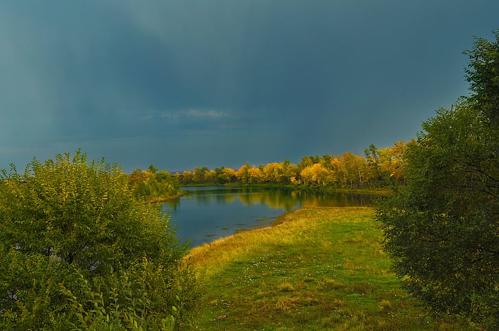paysage, nature, pluie, Sky, automne, rivière, arbres