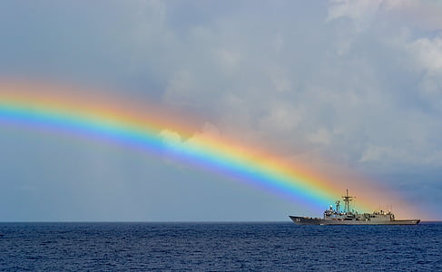 vit, fiske, båt, Ocean, Sky, vatten, Rainbow