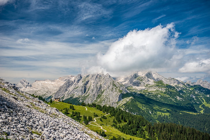 Schachen, hegyek, Németország, schachenhaus lodge, Zugspitze, felhők, alpesi