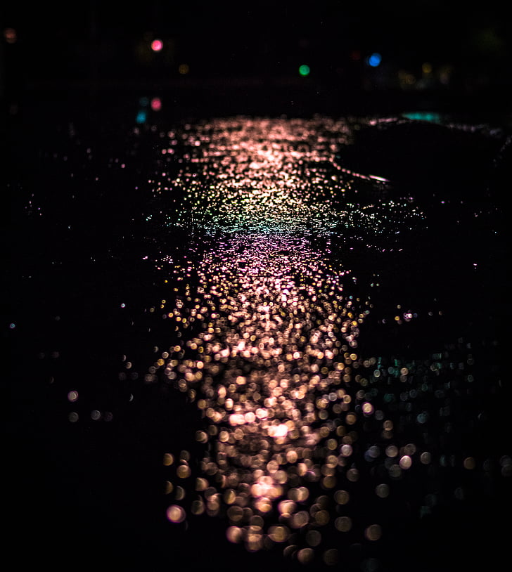 bokeh, dark, lights, night, pavement, water, wet
