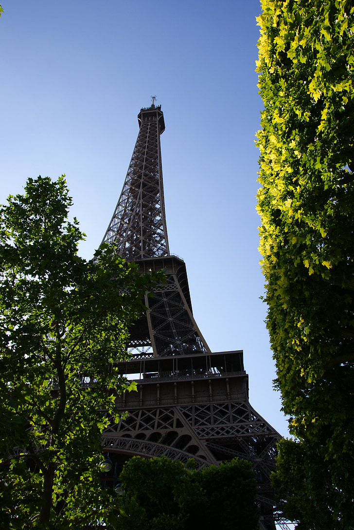 Eiffel, věž, Perspektiva, modrá obloha, Architektura, Paříž, Eiffelova věž