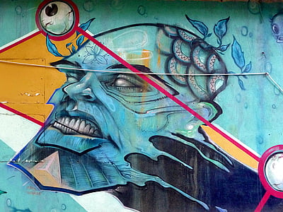 Głowica, niebieski, ŒIL, graffiti, sztuka ulicy