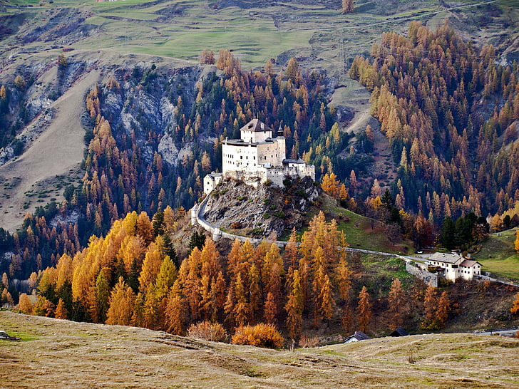 ปราสาท, tarasp, engadin ต่ำ, สวิตเซอร์แลนด์, ฤดูใบไม้ร่วง, ภูเขา, ธรรมชาติ