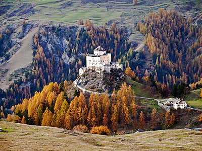 Замок, Tarasp, Нижняя Энгадин, Швейцария, Осень, Гора, Природа