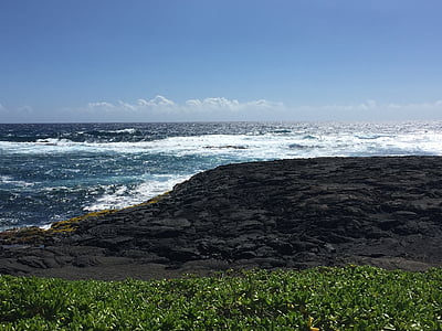 sjøen, svart sandstrand, Hawaii