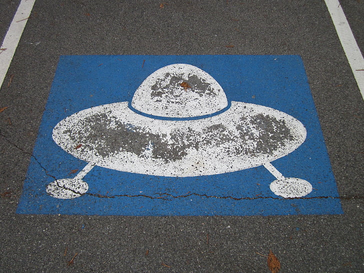 parking space, parking lot, ufo, pictogram, sign, fun, asphalt