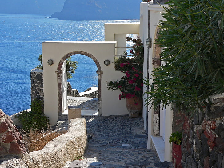 Santorini, skatu uz jūru, mājīgs corner, ēkas ārpusi, būvētas struktūru, arhitektūra, diena