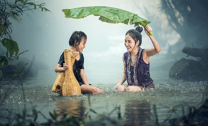 Frau, junge, Regen, Teich, Hintergrund, ziemlich, Schönheit