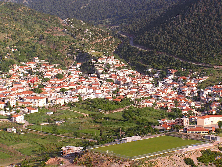kyriaki, greece, town, village, buildings, mountains, valley