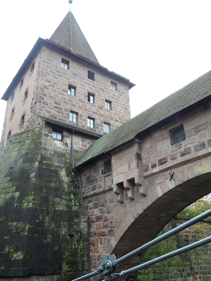 Nuremberg, tornis, trutzig, mūra, vecais, tilts, cietoksnis