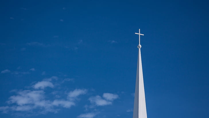 cross, steeple, spire, sky, religious, blue