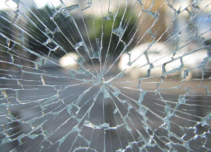 sklo, okno, zlomené, popraskané, rozbila, tvrdené, nehoda