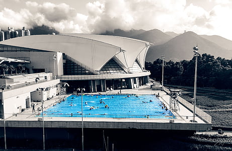 piscine, Hong Kong, Chine, eau, noir et blanc, à l’extérieur, vacances