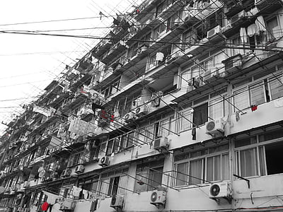 Xina, carrer, edifici, ciutat, vell, cables, roba de filferro