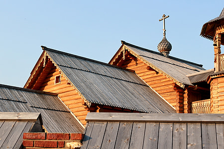 Iglesia, madera, arquitectura, Rusia, noche, ortodoxia, Cruz