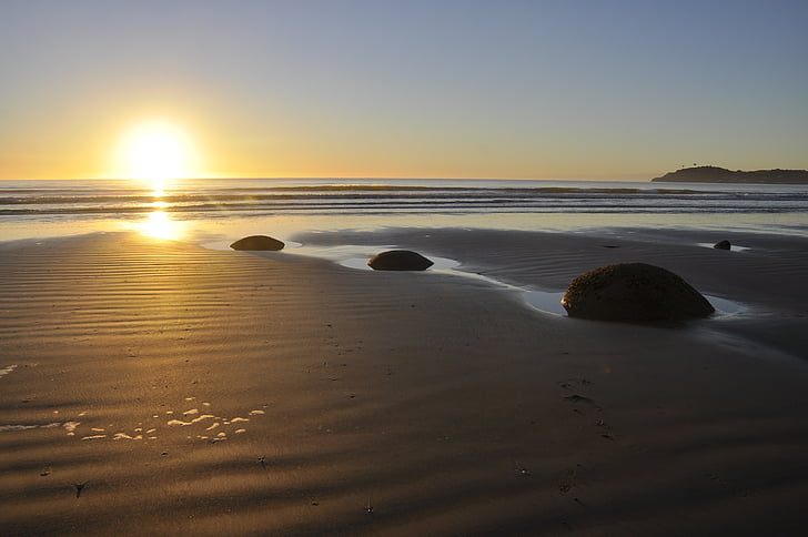 Moeraki boulders, paysage, plage, océan, Nouveau, Zélande, tour