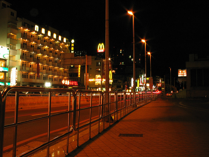 Taiwan, natt, veien, lys, lanterner, bybildet, bygge