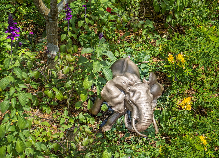 elephant, statue, sculpture, green, garden, flowers, botany