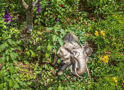 elefante, estatua de, escultura, verde, jardín, flores, Botánica