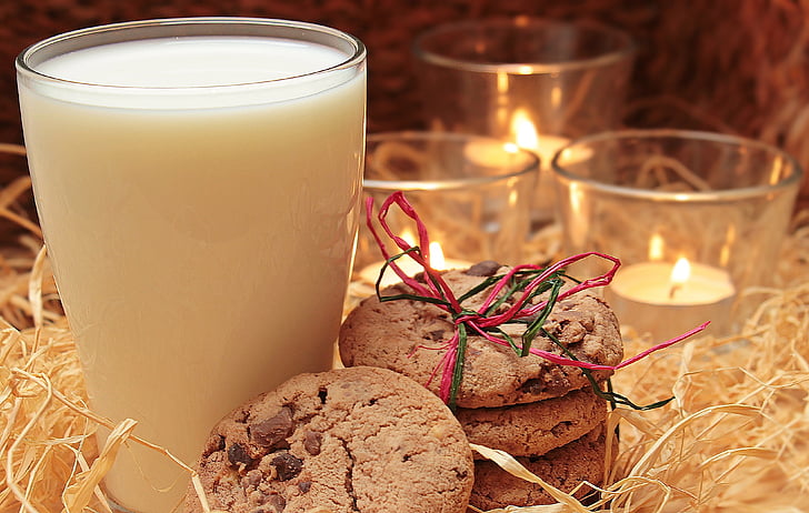 milk, glass of milk, cookies, candles, drink, delicious, food