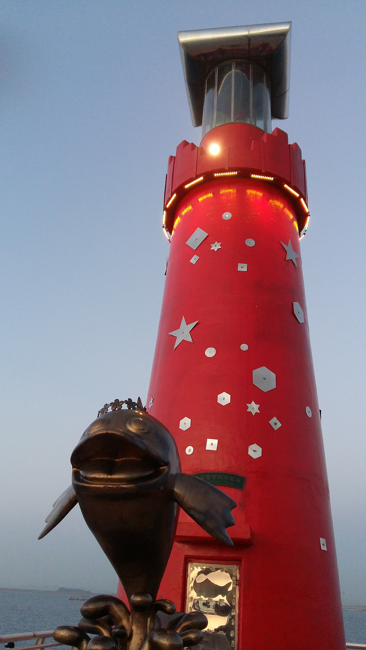 korea, west sea, sunset, breakwater, sea, lighthouse, statue