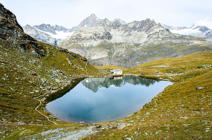 Lago, Alpes, Swiss, Suíça, reflexão, caminhada, trilha
