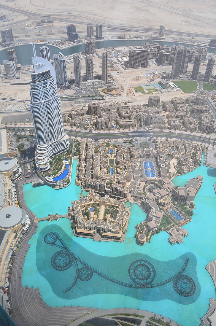 Dubajus, Burj, Khalifa, pasižiūrėti, Miestas, aukštos kampas vaizdas, vandens