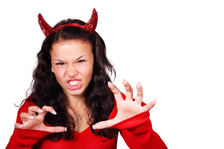woman, wearing, red, devil, costume, showing, face