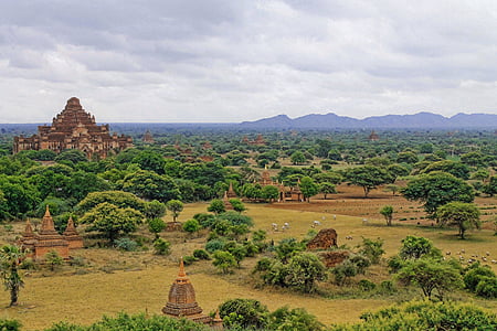 ancient, archaeological area, architecture, Asian, bagan, clouds, forest