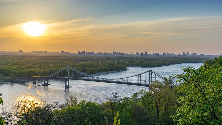 Kijeva, Ukraina, upes, ainava, tilts, pilsēta, saule
