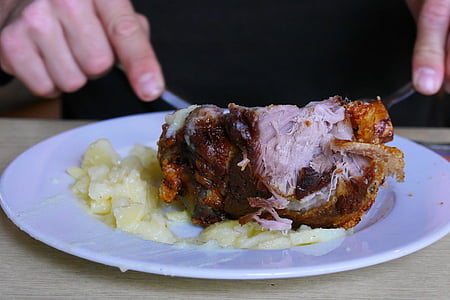roast leg of pork, andechs, meal, meat, plate, eat, abendbrot