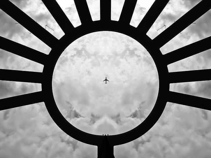 aeroplane, aircraft, airplane, black-and-white, clouds, flight, overcast
