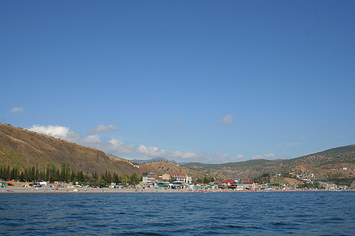 Crimeia, Lago, água, céu, nuvens, praia, pessoas