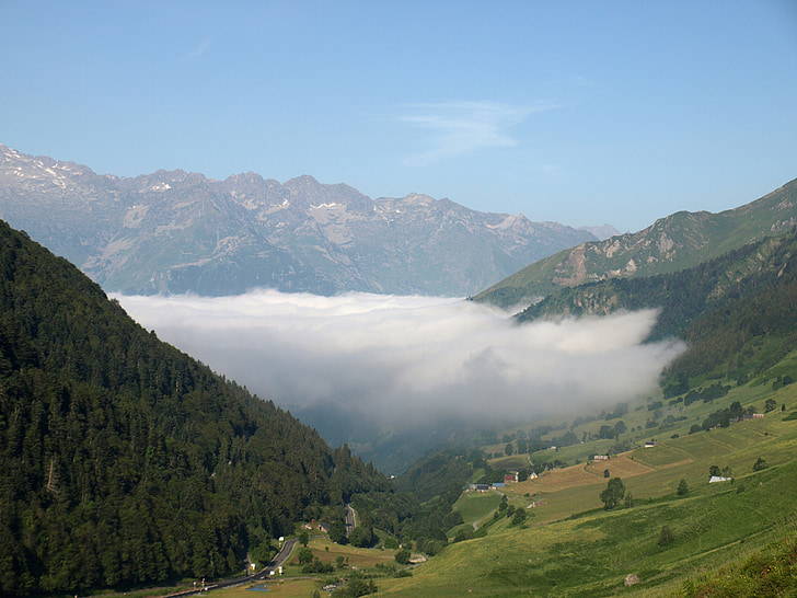 Pyrénées, ceata, inversiune, munte, peisaj, ceaţă, Valea