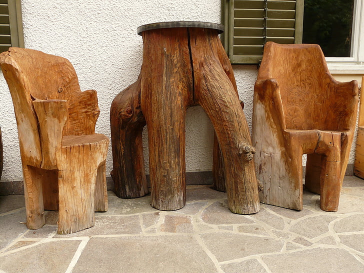 mobles, taula, cadira, fusta, mobiliari de jardí, fusta - material, marró
