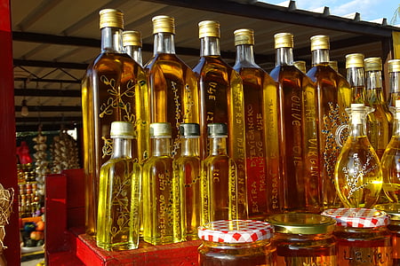 olivolja, flaskor, marknaden, olja, mat, fylld, äta