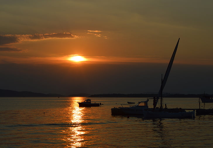 havet, solnedgång, segelbåt, yta, reflektion, vatten-nivå